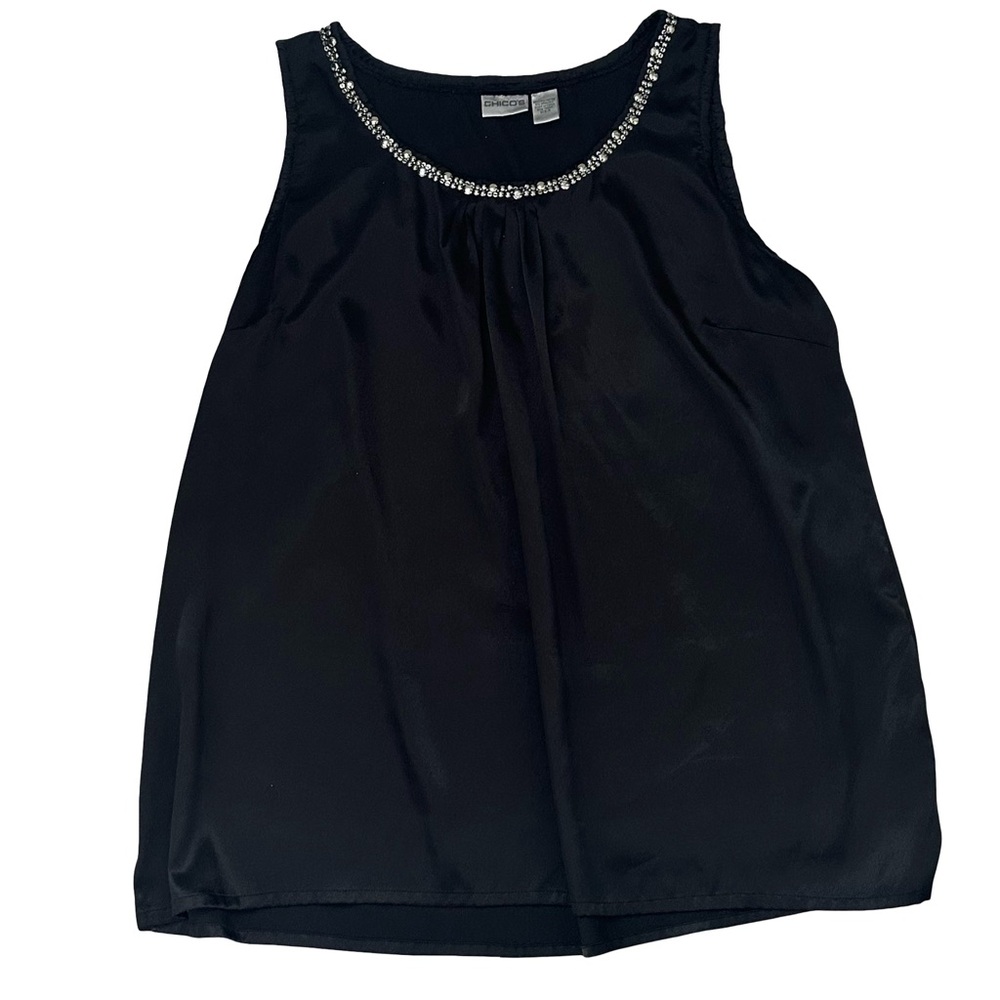 Chico's Black Silky Texture Sleeveless Embellished Neckline Top